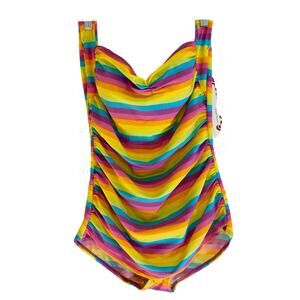 NEW | GIRLHOWDY Swimsuit One Piece Rainbow Stripe Halter Pin Up Retro NWT | 12